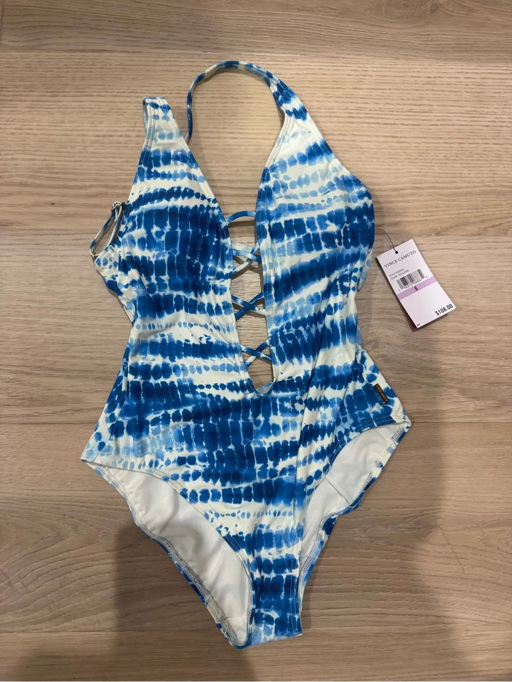 Vince Camuto Blue and White Tie-Dye Lace-Up One-Piece Swimsuit